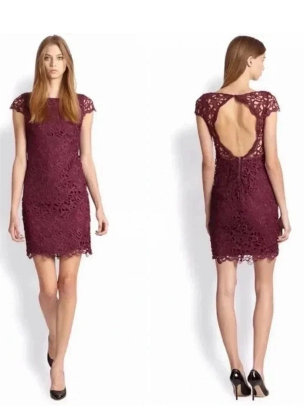 Alice + Olivia Clover Lace Open Back Cocktail Dress Burgundy US 2 XS